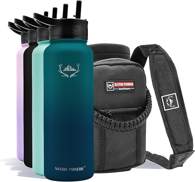 NATURE PIONEOR Insulated Water Bottles with Straw - 40oz Stainless Steel Vacuum Bottle with Holder/Carrier/Sleeve - Reusable 18/8 Food Grade 40 oz Water Jug