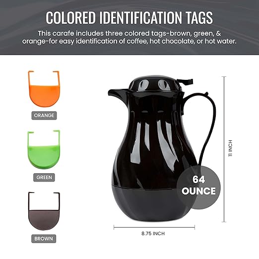 OCS Parts Easy Pour Thermal Coffee Carafe | 11-Inch Insulated Hot and Cold Beverage Pitcher Server for Coffee, Tea, Hot Chocolate and Water with Colored Tags for Easy Idenfication | 64-Ounce | Black