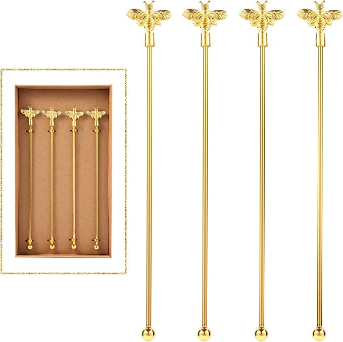 4Pcs Bumble Bee Cocktail Stirrers Swizzle Sticks Stainless Steel 7.5" Coffee Beverage Stir Sticks with Gold Decor Top for Mixing Cocktail, Hot Cocoa, Creamer