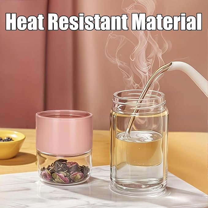 Tryteava Glass Infuser, Tryteava 3-in-1 Smart Tea Infuser, Portable Glass Double Wall Tea Infusers Bottle, with Stainless Steel Filter, Hot & Cold Brew, For Loose Leaf, Office Home (Gold, 350ml)