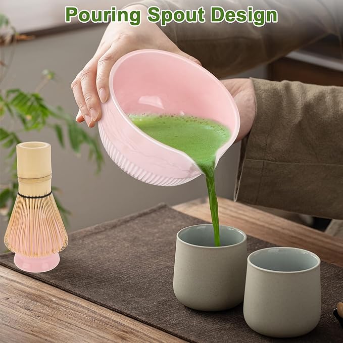PHILORN Matcha Whisk Set 9Pcs Ceramic Matcha Kit Matcha Bowl with Spout, Whisk, Holder, Bamboo Scoop, Scoop Rest, Sifter and Tea Towe for Matcha Lover and Tea Ceremony (Pink)