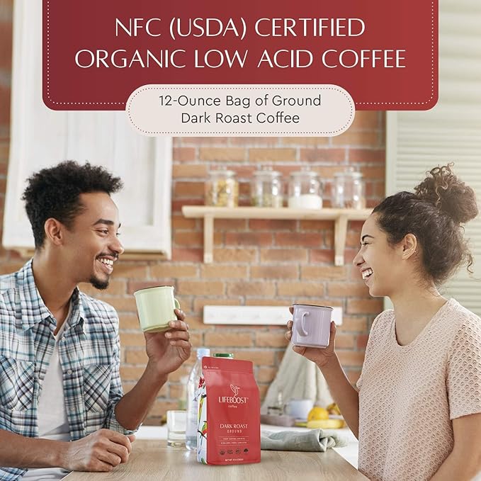 Lifeboost Dark Roast Ground Coffee - Non-GMO Low Acid Single Origin USDA Organic Dark Roast Coffee - Third Party Tested For Mycotoxins & Pesticides - 12 Ounces
