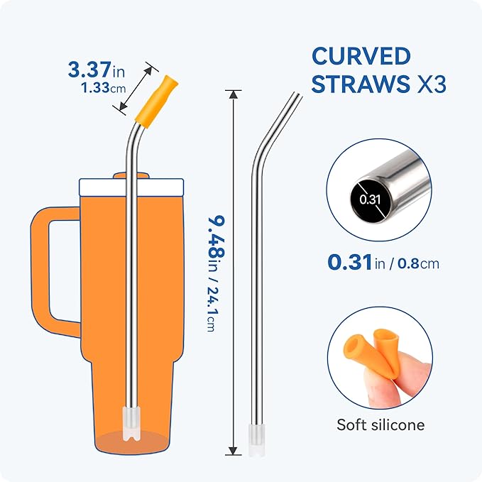 Reusable Stainless Steel Straws with Silicone Tip for Stanley 30oz, Metal Drinking Straws for 30oz Tumbler,3 Bent Tubes & 6 Tips& 1 Cleanr Brush (Goldenrod)