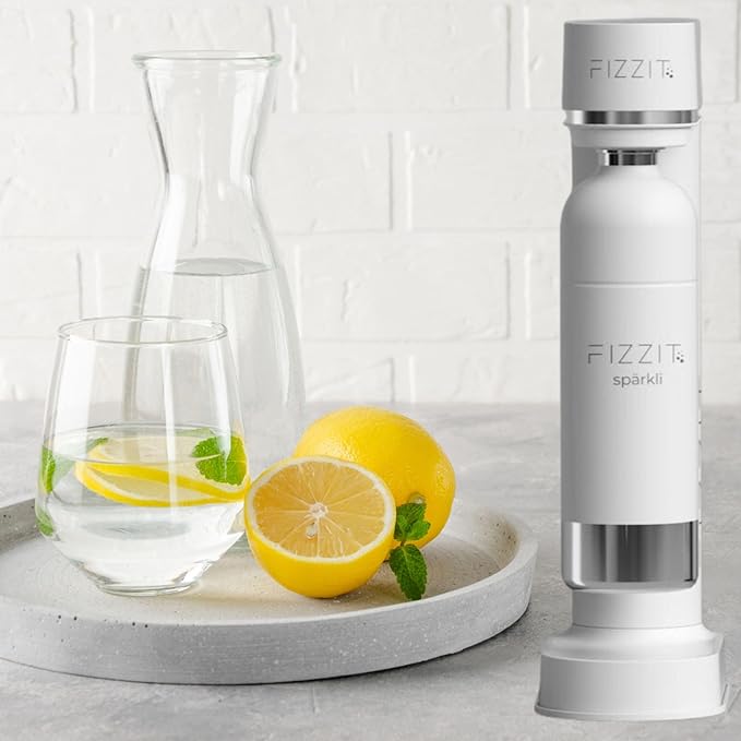 White Stainless Steel Sparkling Water Maker with 2 CO2 Cylinders & 1L Reusable Stainless Steel Bottle For Soda Makers
