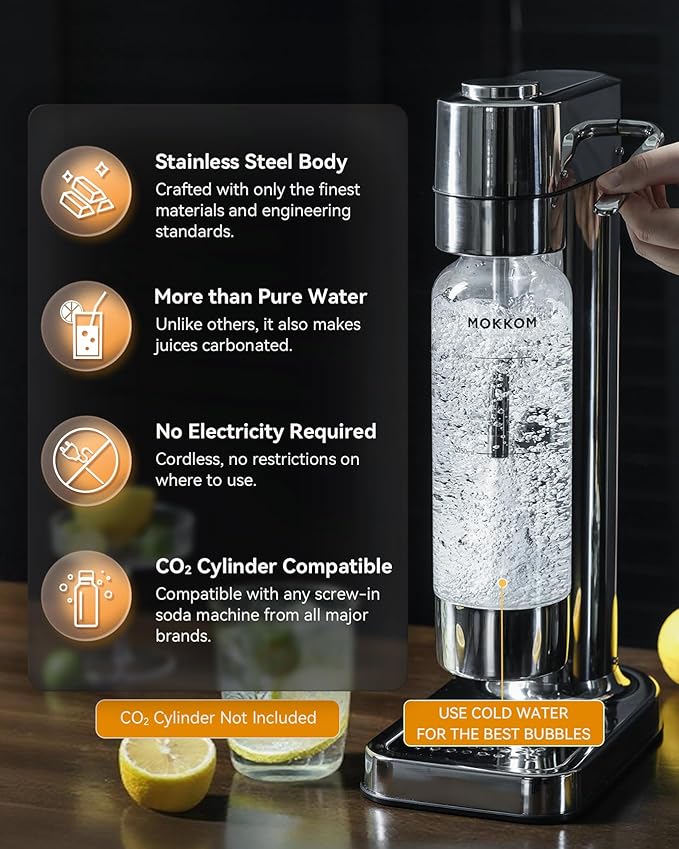 MOKKOM Sparkling Water Maker, Soda Streaming Machine with 1L PET Carbonating Bottle, Carbonates Any Drink, Soda Maker Compatible with 60L CO2 Carbonator (NOT Included) - Stainless Steel
