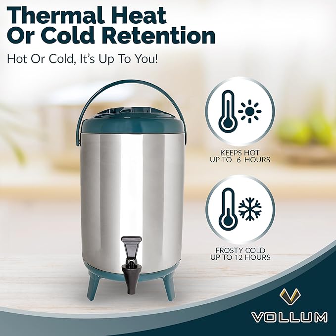 Stainless Steel Insulated Beverage Dispenser – Insulated Thermal Hot and Cold Coffee Carafe – 8 Liter Drink Dispenser with Spigot for Hot Water, Tea & Coffee, Cold Milk, Juice & More TEAL