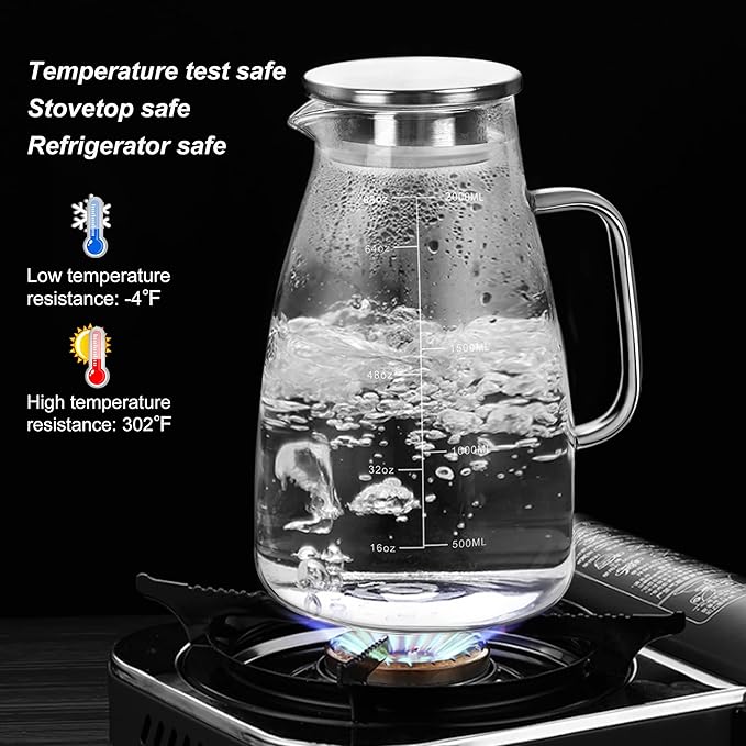 Joeyan 2 Liter 68oz Glass Pitcher with Lid, Large Heat Resistant Glass Water Carafe with Handle and Scale Line for Hot/Cold Drinks- Water, Cold Brew, Iced Tea & Juice, Including Long-Handled Brush