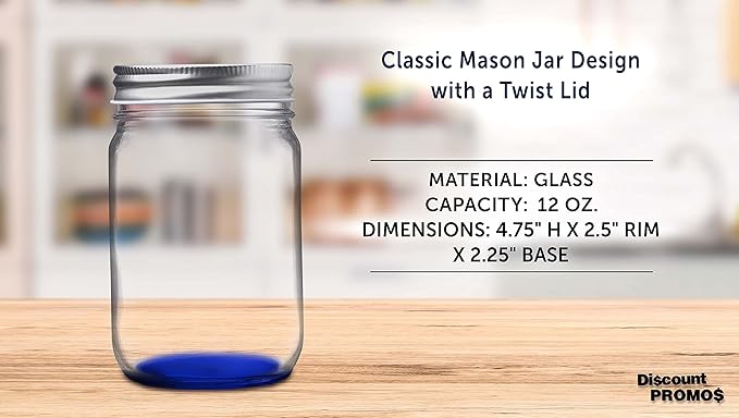 DISCOUNT PROMOS 10 Decorating Mason Jars Set, 12 oz. - Canning, Aluminum Lid - Blue