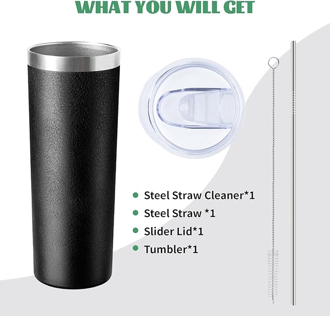 20 oz Skinny Tumbler with Lid and Straw,Stainless Steel Vacuum Insulated Tumbler Double Wall Travel Coffee Mug,Insulated Cup for Coffee, Tea, Beverages,Office (Texture Black,1)
