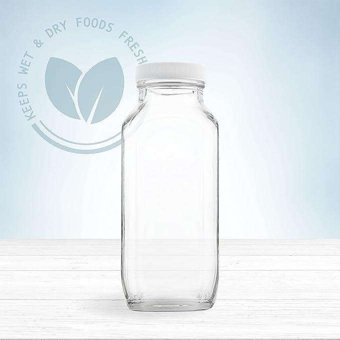 16oz Square Glass Milk Bottles with Plastic Airtight Lids -Vintage Reusable Dairy Drinking Jars Containers for Milk, Yogurt, Smoothies, Juice, Kefir, & Water -2 Pack 16 oz Glass Bottles with Lids