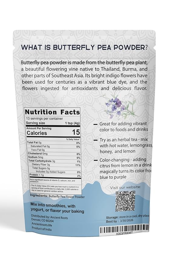 Ancient Roots Blue Butterfly Tea Natural Food Coloring Baking Powder, Flavoring Powder Filled with Antioxidants Blue Matcha Tea Easy to Mix Smoothie - 25 Servings (3.5 Ounces)
