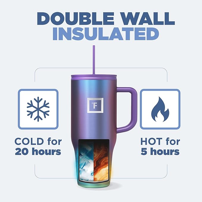 IRON °FLASK Co-Pilot Insulated Mug w/Straw & Flip Cap Lids - Cup Holder Bottle for Hot, Cold Drink - Leak-Proof - Water, Coffee Portable Travel Mug - Apple Green, 32 Oz