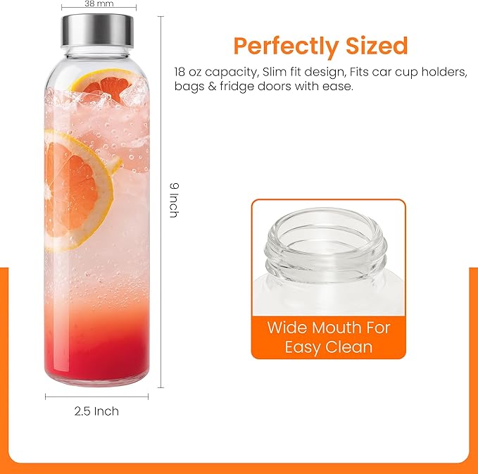 Epica 18-Oz Glass Water Bottles with Lids, Juice Bottles - BPA Free & Eco-Friendly Reusable Refillable Bottles for Juicing, Set of 4 - Clear