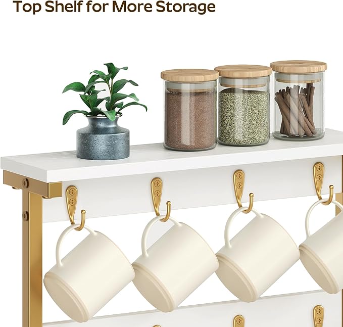 Coffee Mug Holder for Counter, 2 Tier Mug Tree Rack, with 8 Hook and 2 Open Shelves, Vintage Mug Holder Stand for Home Kitchen, White and Gold MH43DW