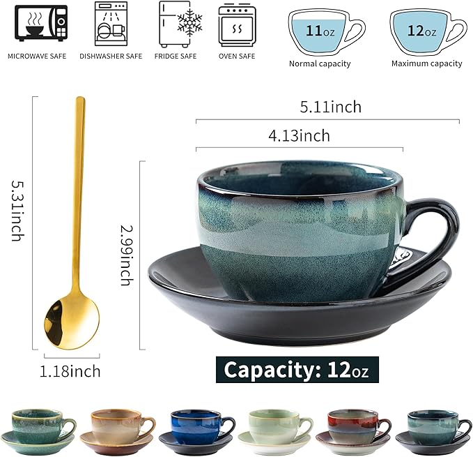 Porcelain Coffee Cup with Saucer Spoon, Vintage Design Ceramic Latte Art Cappuccino Barista Espresso Tea Cup with Saucer (11.6 oz, 350ml, Starry Blue)