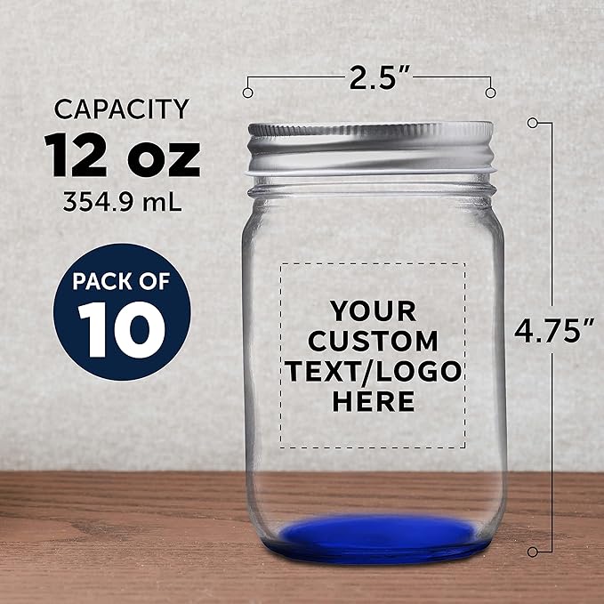 DISCOUNT PROMOS 10 Decorating Mason Jars Set, 12 oz. - Customizable Text, Logo - Canning, Aluminum Lid - Blue