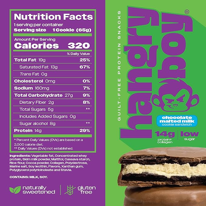 Hangryboy Protein Cookie Sandwich – 14g High Protein, Gluten‑Free, GMO‑Free Cookies - Perfect on The Go Protein Snack, Variety Pack, 3‑Count Box