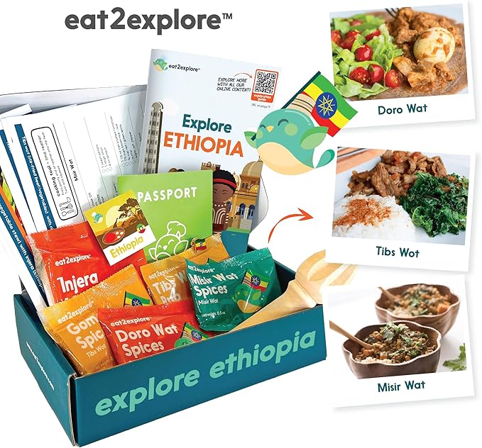 eat2explore Cooking Kits for Kids – Interactive & Educational Kids Cooking Sets Real for Ages 5 and Up,3 Recipe Cards & Global Ingredients – Fun Gift for Young Chefs (Ethiopia Edition)