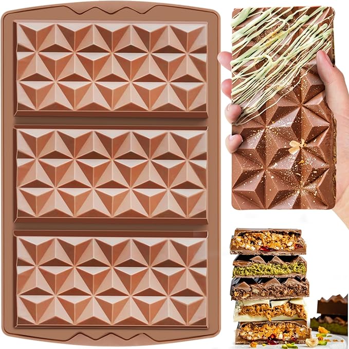 HKNMTT Chocolate Bar Mold Silicone, Large Stuffed Dubai Pistachio Deep Bar Moulds Kit 0.85 Inch Thick Big, Ideal for Homemade Making Candy Bar Bpa Free DIY Diamond Grid