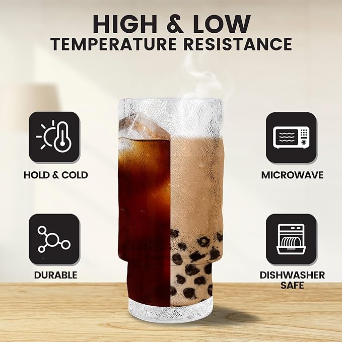 4 Pcs 11 oz Drinking Glasses Cups Set with Bamboo Lids Straws Brush Small Glassware Set for Mojito Iced Coffee Cocktail Whiskey(4 Mixed Pattern)