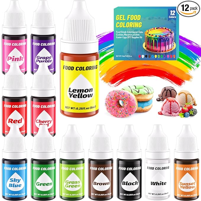 12 Color Gel Food Coloring Liquid Set-KATSPRO Food Grade Tasteless Vibrant Kids Food Coloring Dye for Baking Icing Cake Decorating Cookie Fondant, Frosting, Cookies, Christmas Baking, Easter Egg and DIY Supplies Kit - 0.25 Fl.oz(6ml)/Bottles