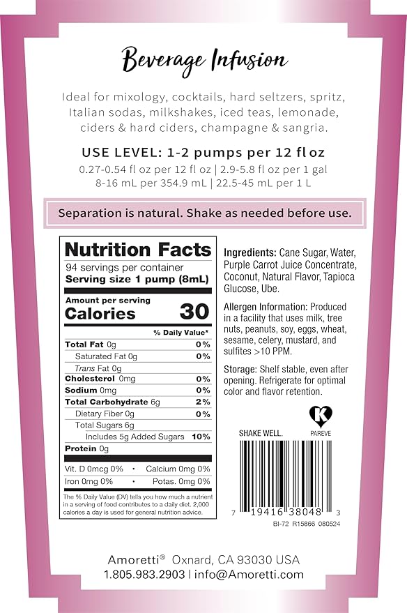 Amoretti - Coconut Ube Beverage Infusion, 94 Servings Per Bottle (750 ml) - Drink Mix & Water Enhancer with Pump for Flavoring Cocktails, Waters, Teas, and other Beverages, Preservative Free