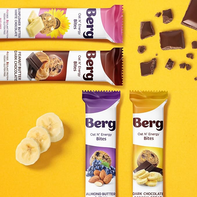 Berg Oat N' Energy Bites - Peanut Butter & Dark Chocolate - Non-GMO, Gluten Free, Dairy Free, Soy Free and Vegan - Clean Energy Snack - 1.5oz, (8 Pack)