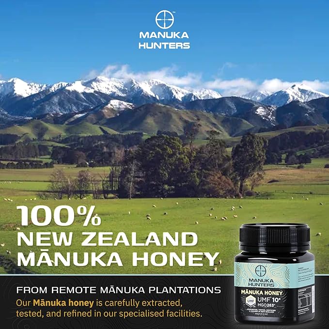 Manuka Hunters UMF 10+/MGO 263+ Certified New Zealand Manuka Honey - 100% Pure Natural Sweetener - Gluten, Dairy Free - Ideal for Tea, Coffee, Smoothies, and Baking - Sustainable - 8.8oz/250g Jar