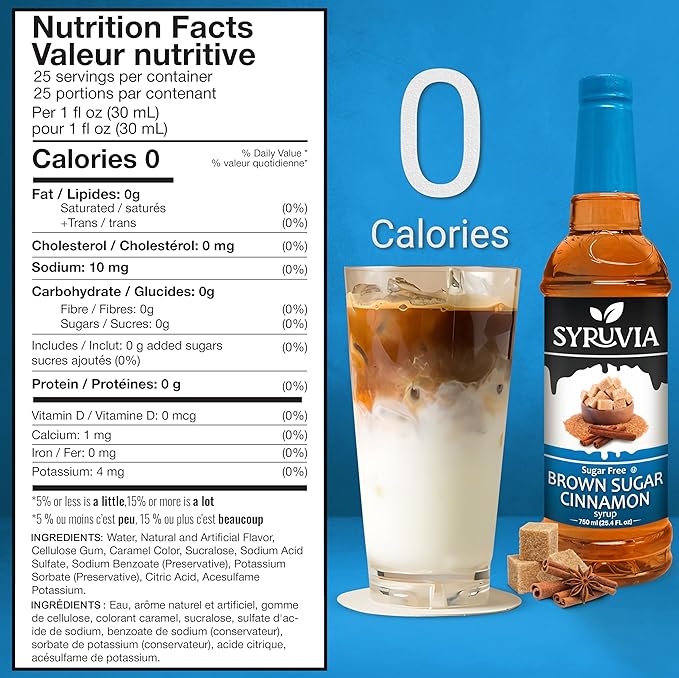 Syruvia Sugar Free Coffee Syrup, Brown Sugar Cinnamon Flavored Syrup for Drinks, Lattes, and Desserts – 25.4 fl oz