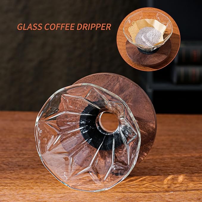Pour Over Coffee Maker Set, 21 oz/620ml Glass Pour Over Coffee Dripper Filter Coffee Maker Kit Manual Grinder with Walnut Handle for Home Office Cafe Restaurant Camping (Clear)