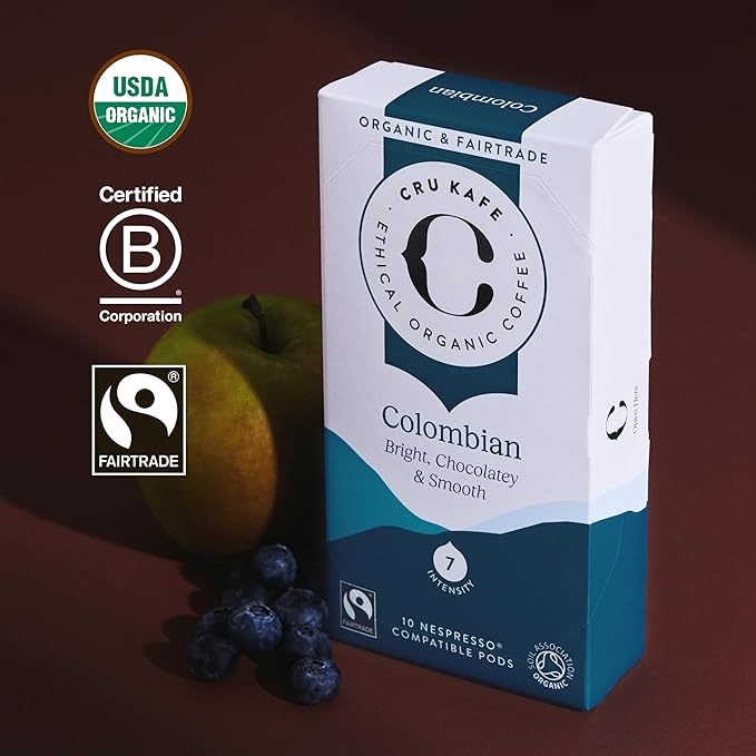 Cru Kafe Colombian USDA Organic Espresso Coffee Capsules (50 Pods) Fairtrade Coffee Pods Compatible with Nespresso Original Line and Pixie Machines
