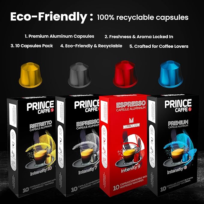 Prince Caffe Espresso Pods Variety Pack Compatible with Nespresso Original Line Machines – Espresso, Ristretto, Millennium & Premium – Intensity 7,8,9,10, 40 Count (4 x 10 Capsules)