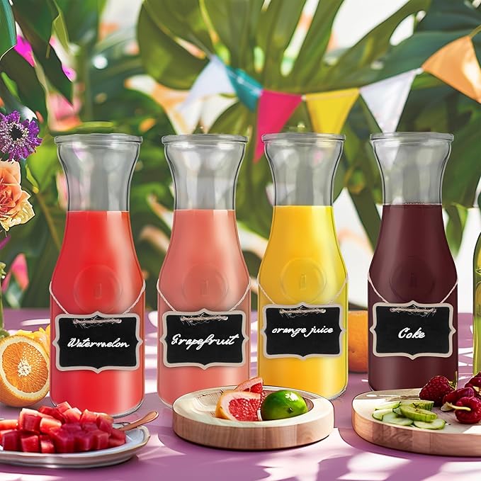 Glass Carafe with Bamboo Lid,35 Oz Beverage Dispensers Carafe,Mimosa Bar Supplies,Juice Bottles, Clear Glass Pitcher with Name Labels for Iced Tea,Coffee,Juice(Set of 4)
