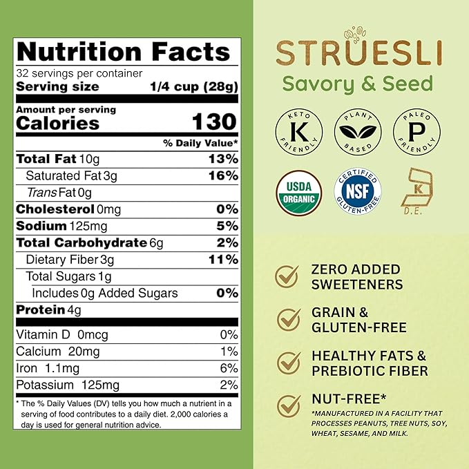 Struesli Savory + Seed Organic Granola, Nut, Grain & Gluten Free, Healthy Snacks with Pumpkin, Sunflower & Chia Seeds, Hemp Hearts, Flax, Tiger Nuts & Sea Salt, Plant Based, Keto & Paleo, 32 Oz