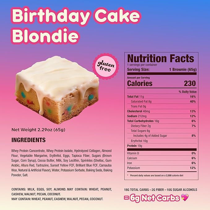 Prime Bites Protein Brownie from Alpha Prime Supplements | High Protein, Collagen Fortified Low Sugar Treat | Delicious Snack | 12 Bars per Box (Birthday Cake Blondie)