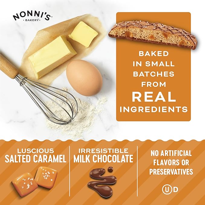 Nonni's Salted Caramel Biscotti Italian Cookies - 6 Boxes - Biscotti Individually Wrapped Cookies - Italian Biscotti Cookies w/Rich Milk Chocolate & Sea Salt - Kosher - 6.72 oz