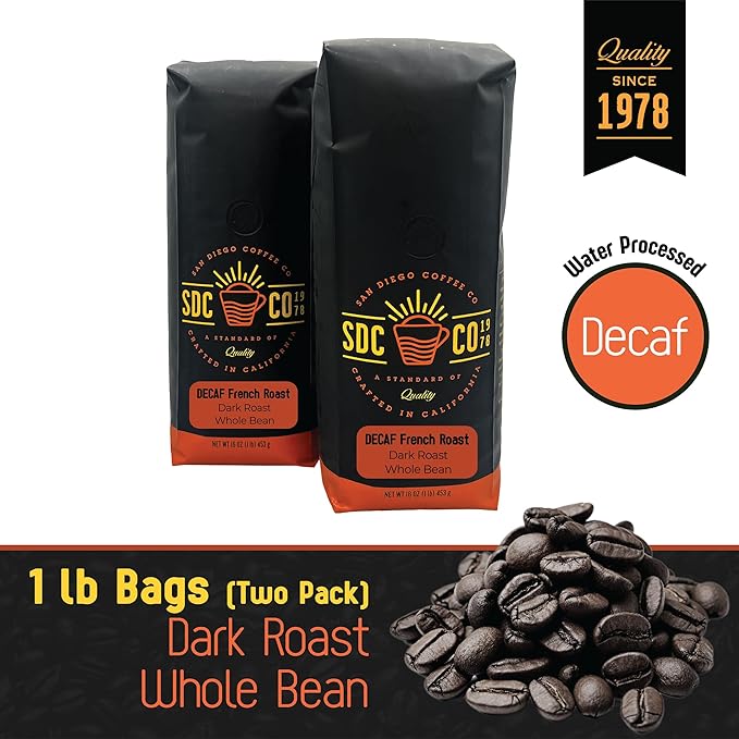 San Diego Coffee DECAF French Roast, Dark Roast, Whole Bean Coffee, 16-Ounce Bags (Pack of 2) Café en grano tostado descafeinado