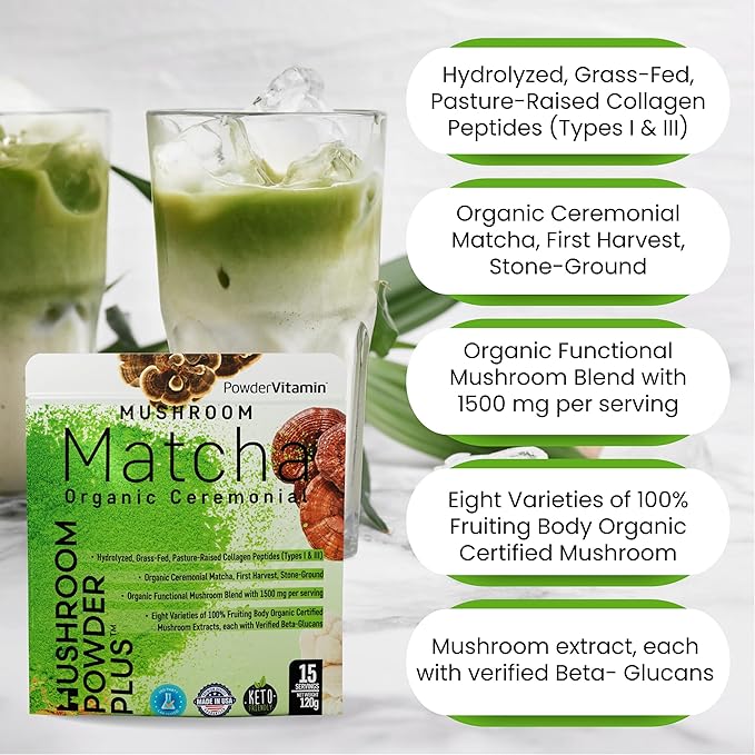PowderVitamin Organic Ceremonial Mushroom Matcha Certified Pesticide-Free Grass-Fed Collagen Types I & III, 8 Fruiting Body Mushrooms Tested for Beta-Glucans Focus Digestion & Immunity 15 Servings