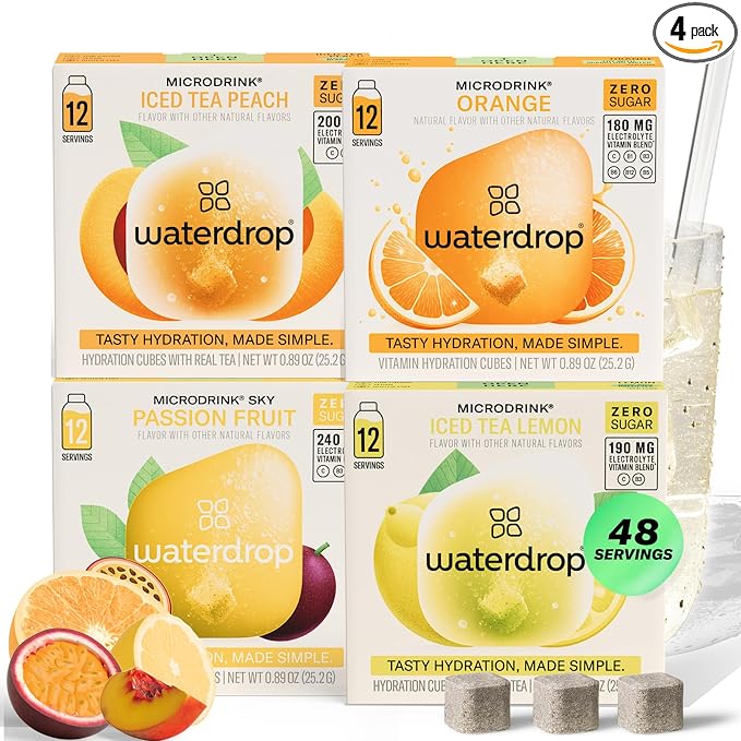 Waterdrop Hydration Cubes With Vitamin C, B Vitamins and Electrolytes, 4 Flavor Electrolyte Variety Pack, Flavored Water Enhancer Cubes for Still & Sparkling Water, Low Calorie, Sugar Free, 48 Count