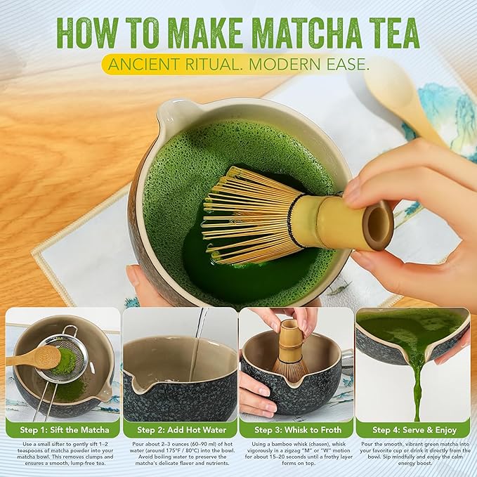 YUGEN MATCHA 7 Piece Matcha Whisk Set, Includes 30g Ceremonial Grade Matcha Powder, Metal Sifter, Bamboo Whisk, Whisk Holder, Bamboo Spoon, Tea Cloth, Matcha Bowl, Tea Set, Ceremony Set