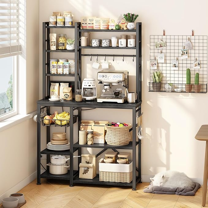 Baker Rack with Power Outlet - Microwave Stand with Storage, Large Coffee Bar Station with 14 Hooks, Metal Kitchen Shelf Rack for Spices, Pots (Rustic Black)