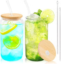 Joyclub Glass Cups with Bamboo Lids and Straws 2 Set 16 oz Reusable Iced Coffee Cup Beer Can Drinking Jars for Smoothie Whiskey Boba Soda Tea Gift