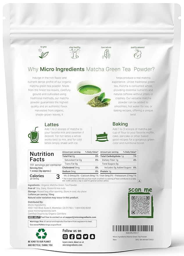 Micro Ingredients Organic Matcha Green Tea Powder, First Harvest, Culinary Grade from Japan, 100% Pure & Unflavored, Great for Tea, Latte, & Smoothies, Non-GMO, No Sugar, Eco-Friendly Packaging, 1 Lb
