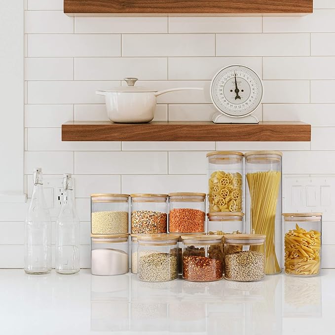 Glass Jars with Bamboo Lids (16oz in 9 Pack), Food Jars and Canisters Sets with lids, Food Storage Jars with Airtight Lids, Glass Pantry Jars