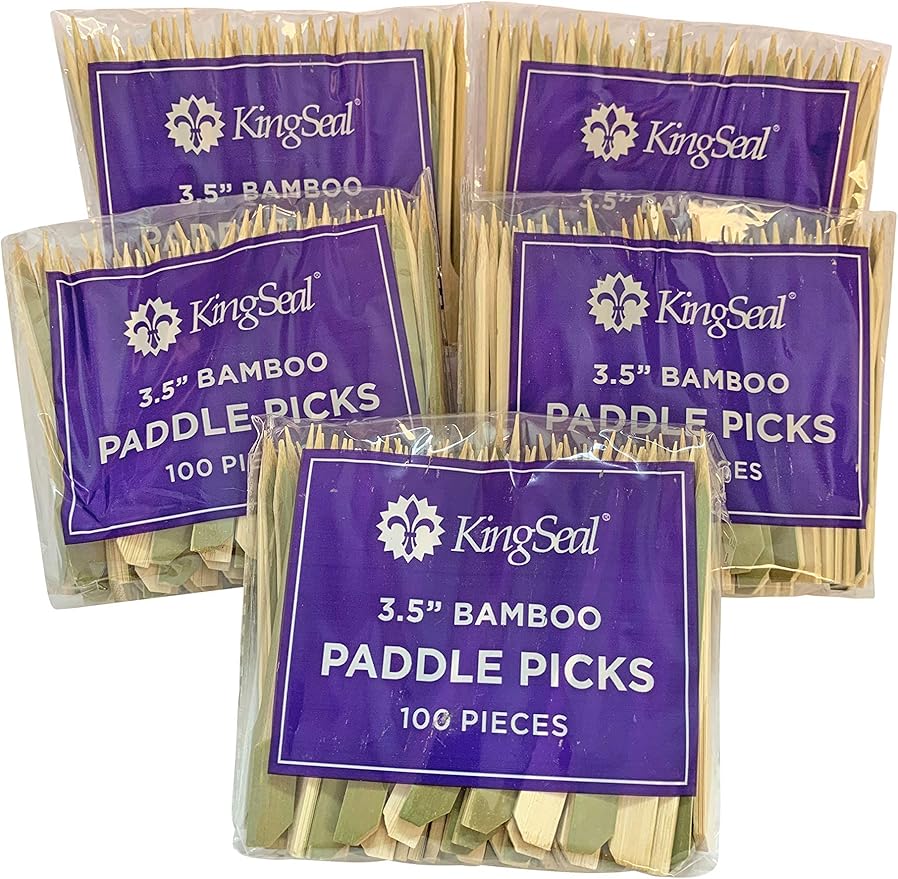 500 Count | KingSeal Natural Green Bamboo Wood Paddle Picks, Skewers for Appetizers and Cocktails, 3.5 Inches, Bulk Pack - 5 Packs of 100