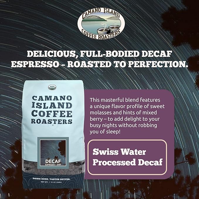 Camano Island Coffee Roasters Decaf Espresso Blend, Whole Bean 2lb, Fresh Dark Roast Swiss Water Processed, USDA Organic, Fairly Traded, Shade Grown Top 1% Arabica, Sweet Molasses, Mixed Berry Flavor