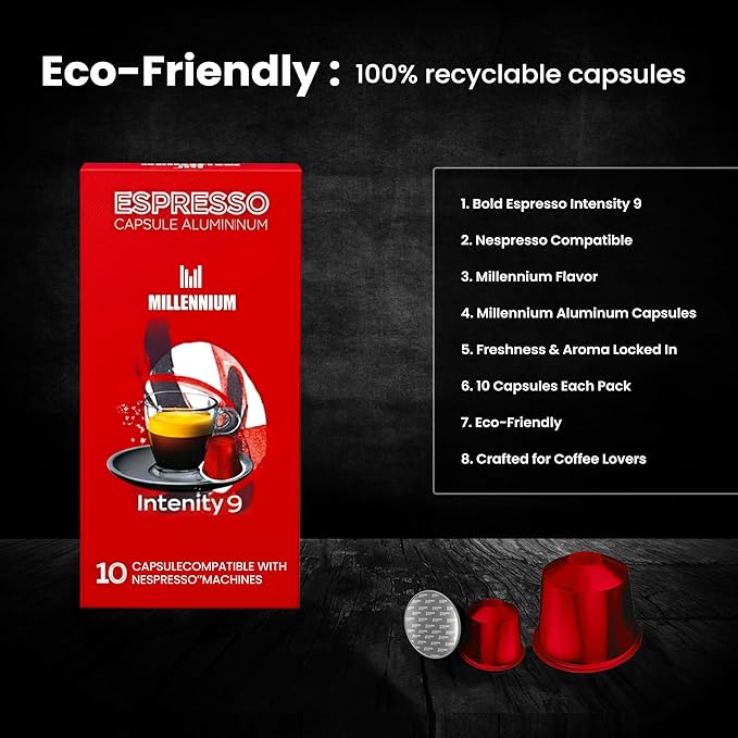 Prince Caffe Espresso Pods –Millennium Intensity 9, Medium-Dark Roast, The Espresso Coffee Pods Are Compatible with Nespresso Original Line Machines, 30 Count (3 x 10 Capsules) Premium Quality Coffee Capsules.