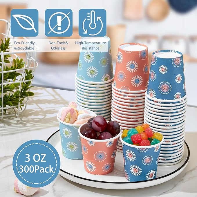 300 Pack 3 oz Paper Cups, Disposable Bathroom Cups, Small Mouthwash Cup, Hot/Cold Beverage Drinking Cups, Mini Paper Cups for Bathroom, Birthday Party, Travel, Events, Picnic, BBQ (Daisy)