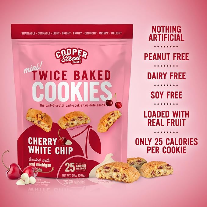 Cooper Street Twice-Baked Cherry White Chip Biscotti Cookies (16 oz Pack of 2) – Over 50 Biscotti Cookies per Bag Loaded with Real Fruit, Traditional Italian Style Snacks - Dairy, Peanut & Soy Free