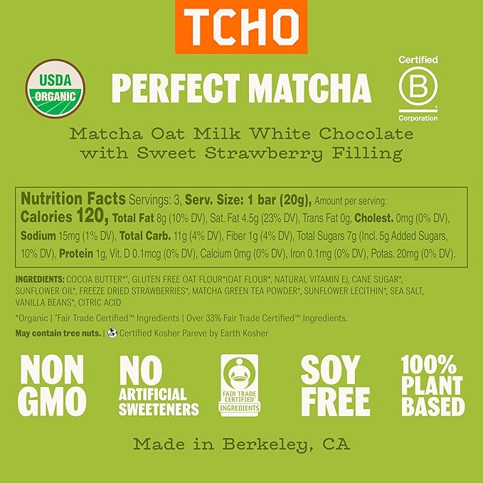 TCHO Perfect Matcha Chocolate Bar 5 Pack - Organic Oat Milk Chocolate with Matcha Shell and Strawberry Filling - Plant-Based Non-GMO Matcha Snacks